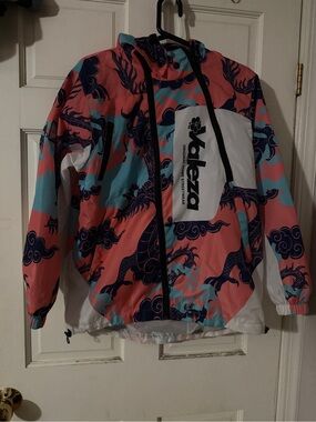 Valeza Anime Streetwear Colorblock Dragon Windbreaker - Coral, Teal, Navy